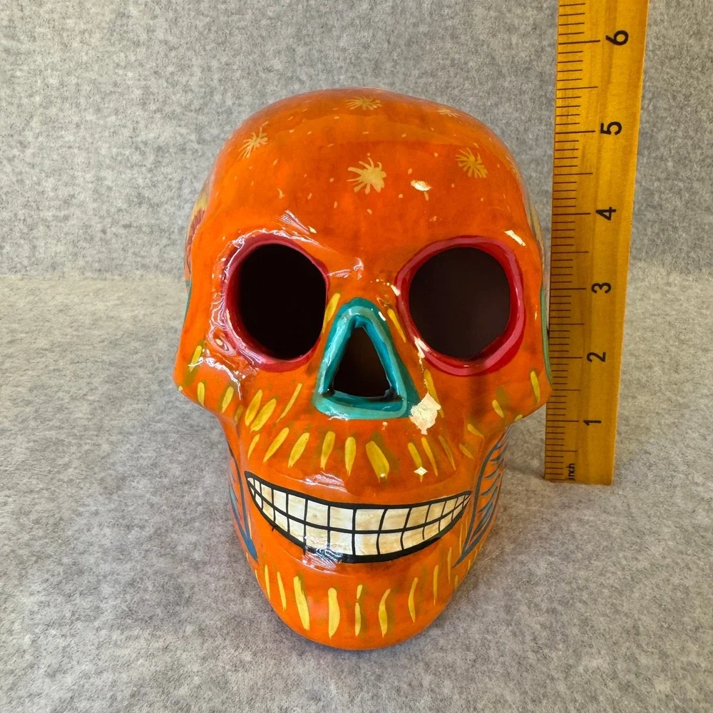 Hand Painted Day Of The Dead Orange White Green Yellow Skull Flowers Birds Stars
